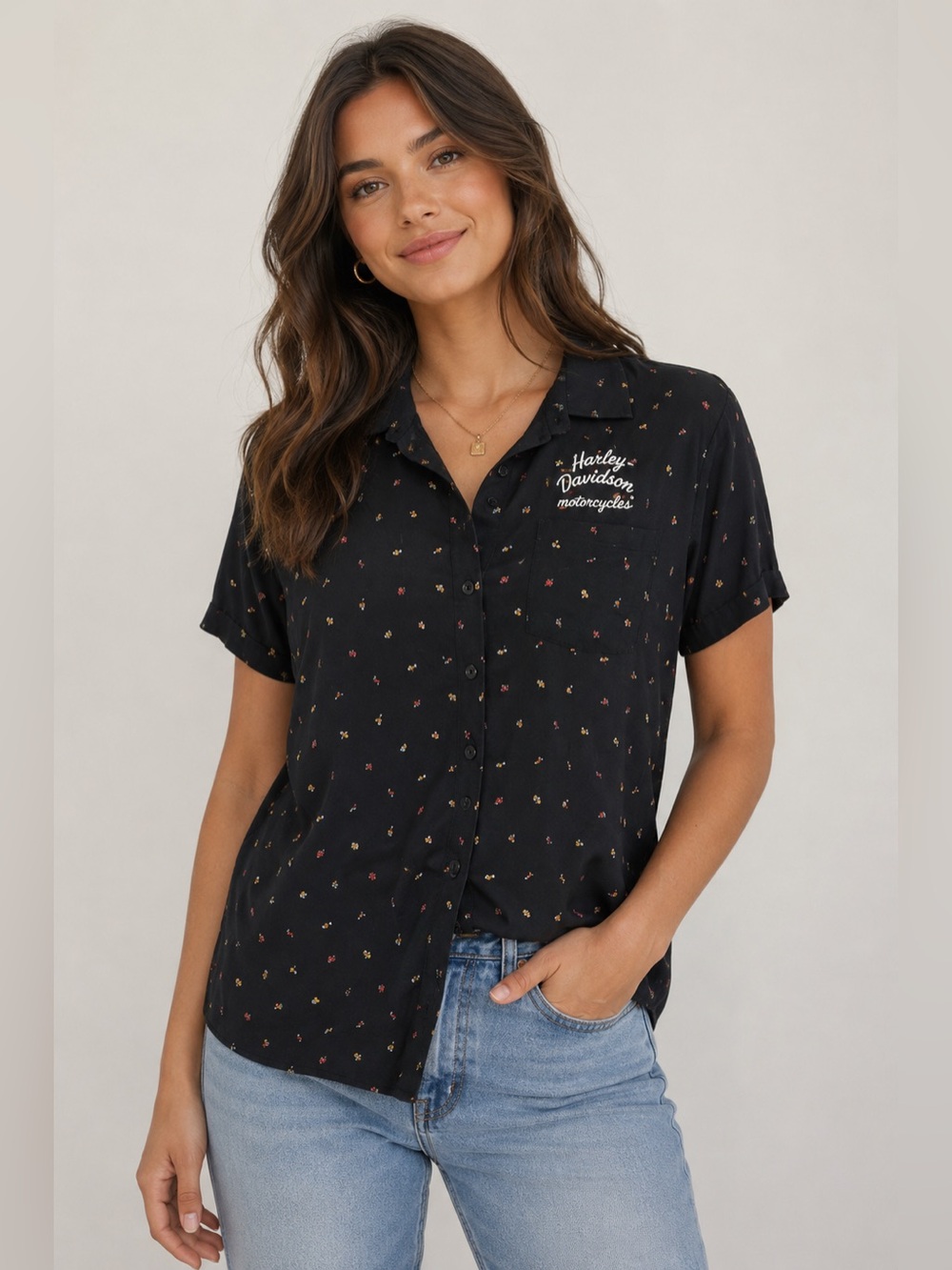 Harley-Davidson Button Up Shirt Womens Medium Black Logo Print Short Sleeve